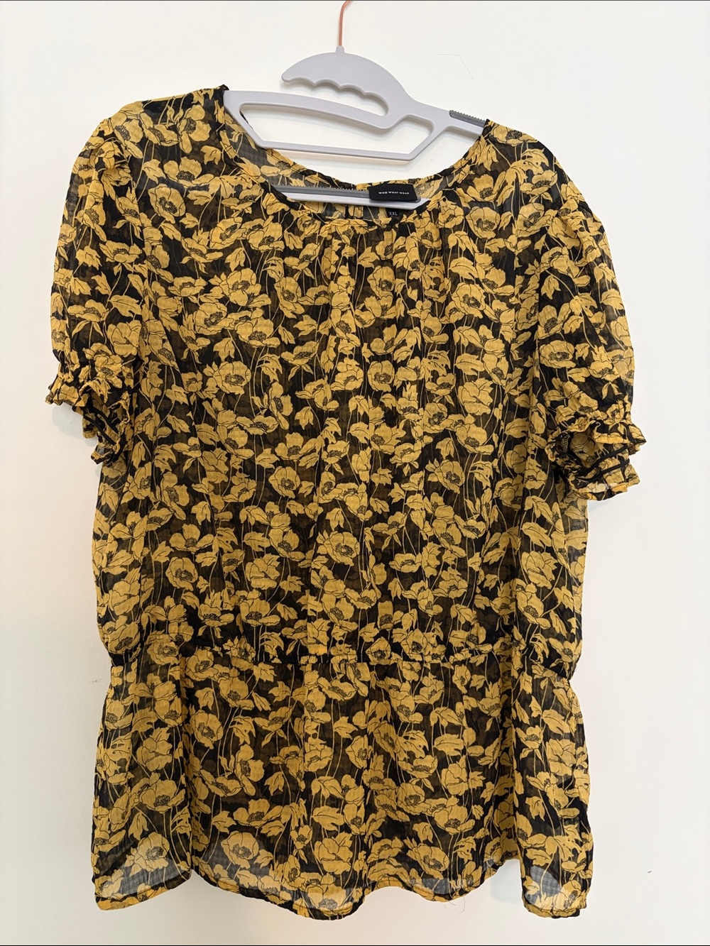 Who What Wear sheer Black Floral Puff Sleeve Blouse with Mustard Print